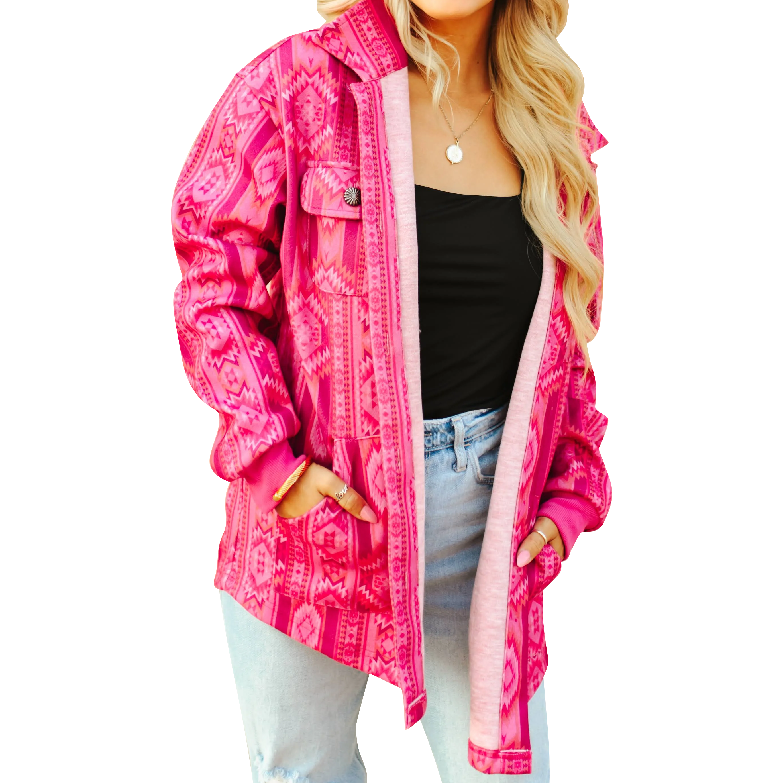 Women's Pink Aztec Button Up Shacket